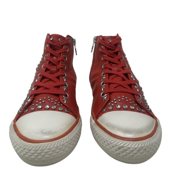 ASH Red Soft Leather High Top Sneakers Silver Studded Stars Distressed Toe 7 Y2K - Picture 3 of 13